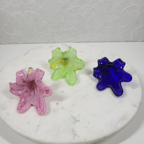 Vtg Murano 3pcs Crystal Flower Cork Stopper Pink Blue Green Hand Blown Art Glass - Picture 6 of 12